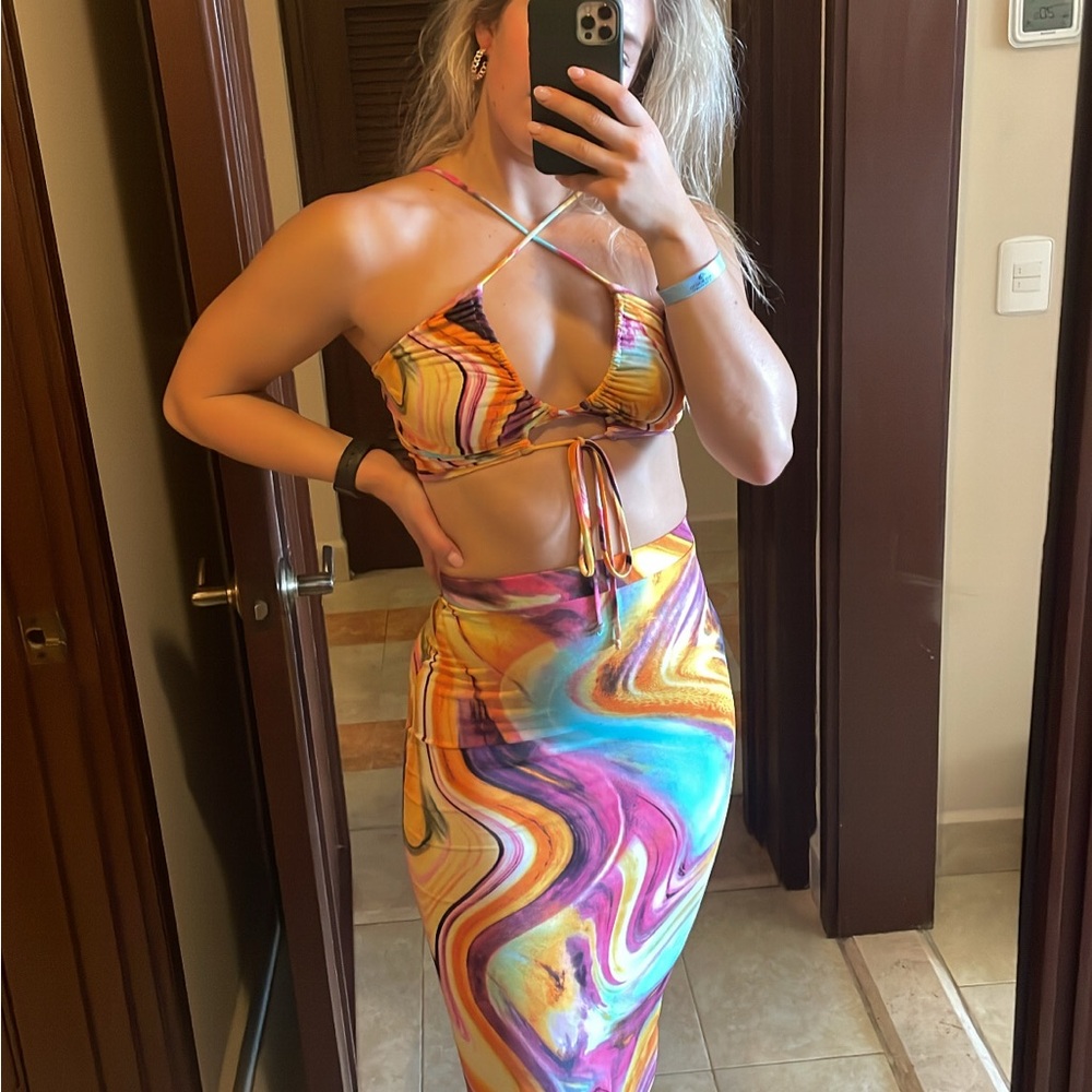 Swirl Print Halter Bikini Top and Maxi Skirt Set